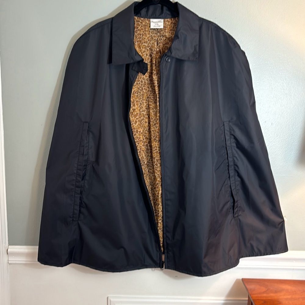 Preston & York Black zip Poncho Raincoat Wrap cape leopard lining pockets M/L - Picture 8 of 12